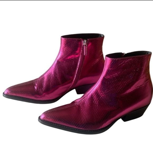 POLLINI Leather Metallic Cowboy Boot Pointed Toe Fuchsia Size 39 IT = 7.5 US - Picture 14 of 16